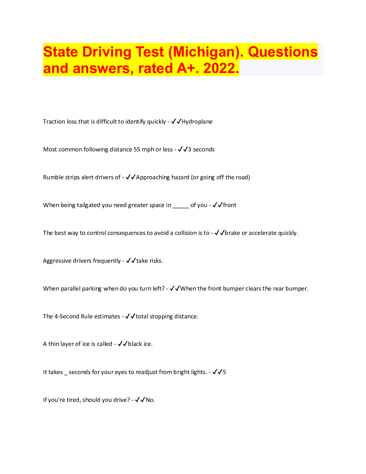 State Driving Test (Michigan). Questions and answers, rated A+. 2022